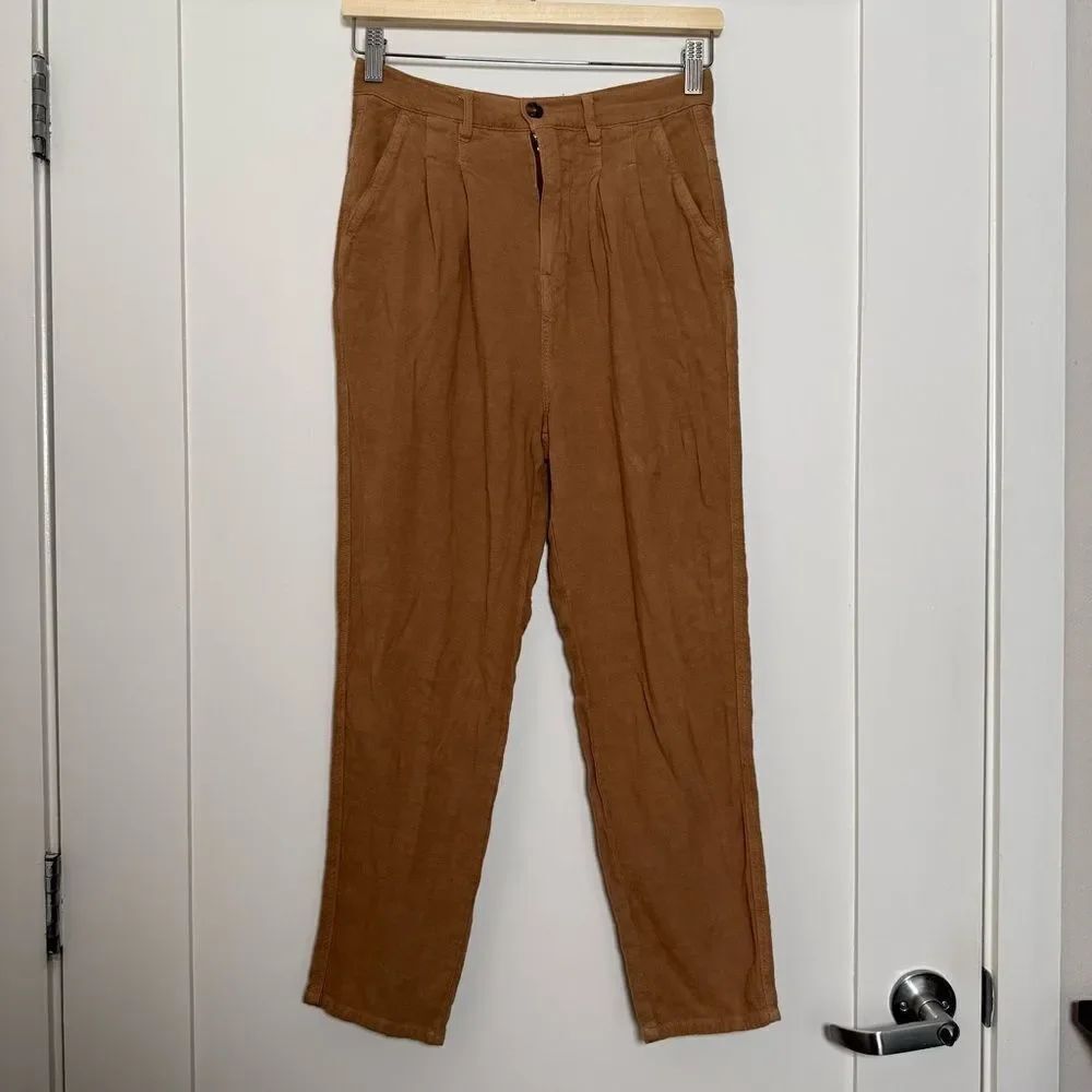 We The Free People Pleated Pants Womens Sz 25 Tan Brown Cropped Linen Blend City